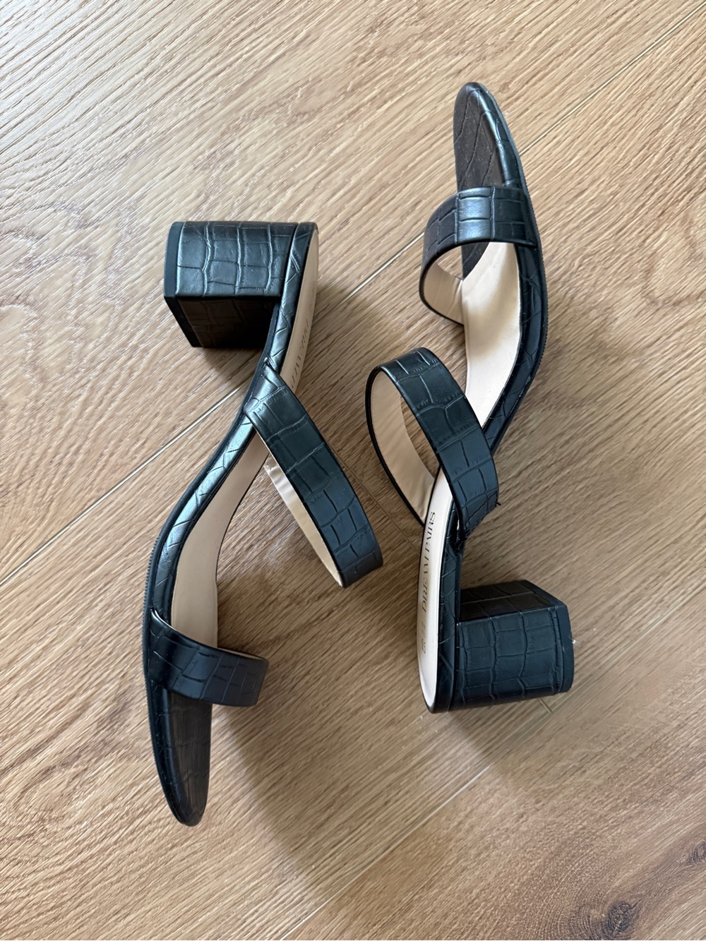 Black Croc-Embossed Block Heel Sandals - Women